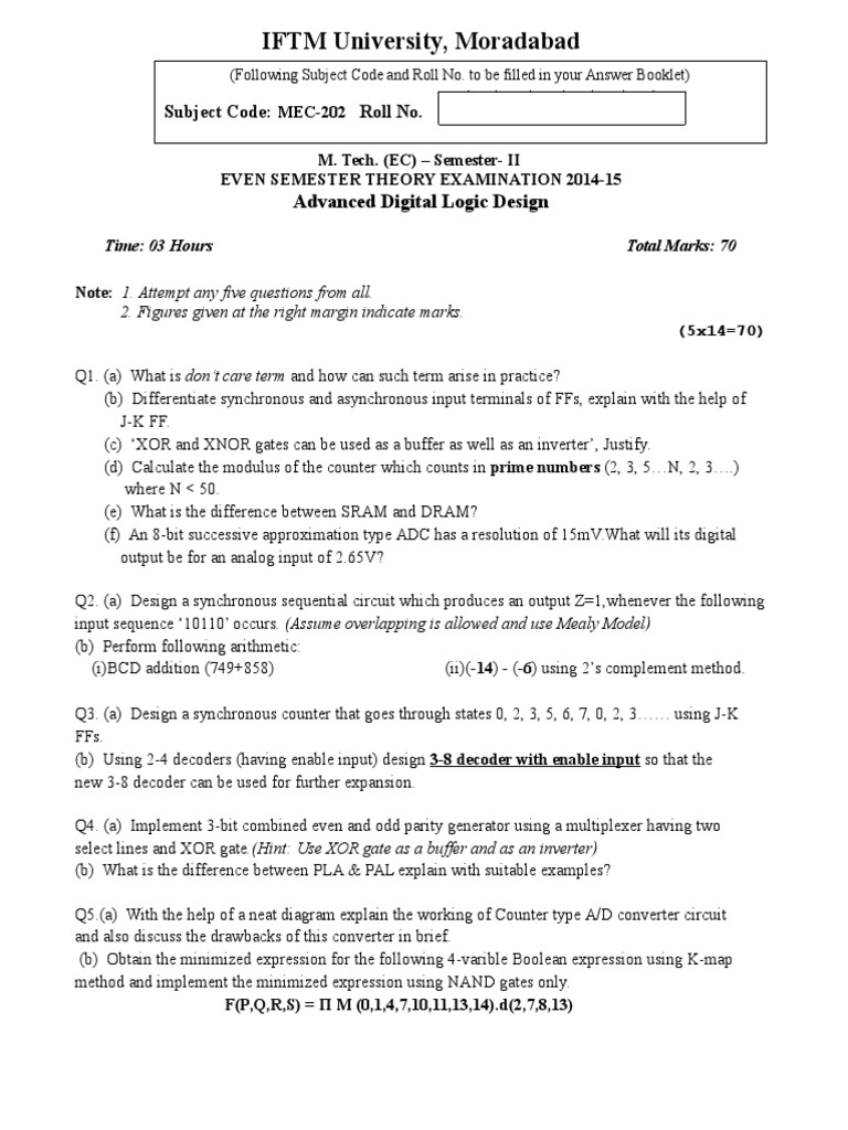 Advanced Digital Logic Design Exam 2014-15 | PDF | Electronic ...