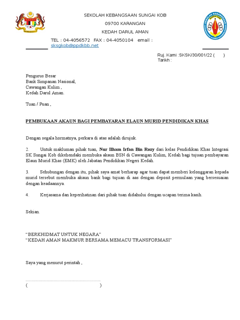 Surat Permohonan Buka Akaun Bank Letter 7saudara Com