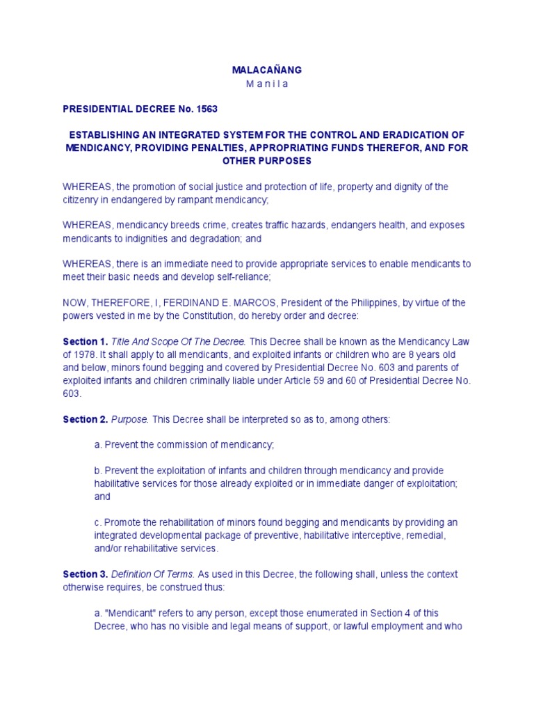 Presidential Decree No. 1563: Mendicancy Law | PDF | Child Protective ...