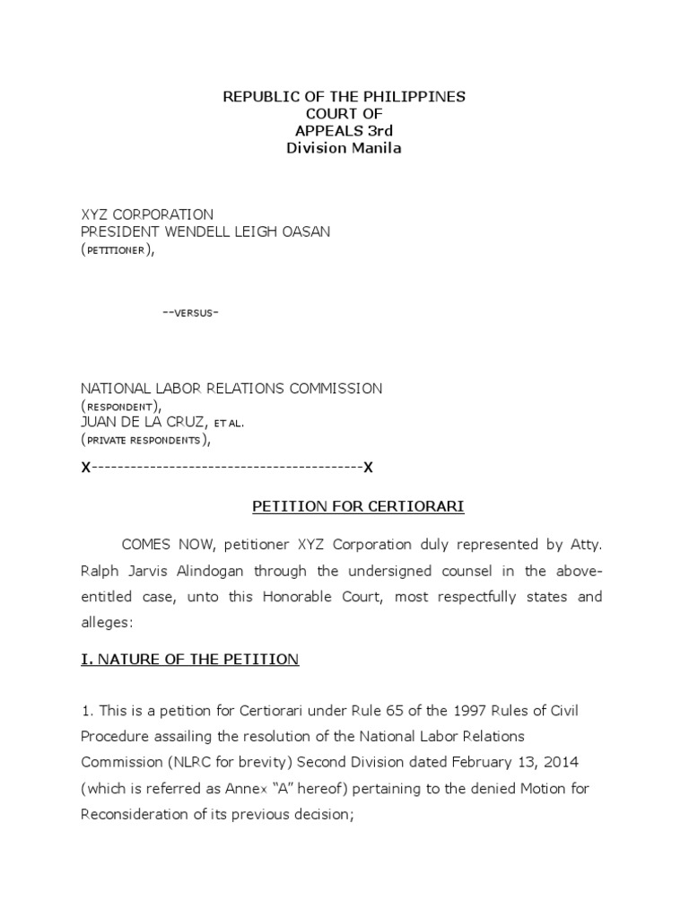 Petition for Certiorari Under Rule 65 Sample United States Law