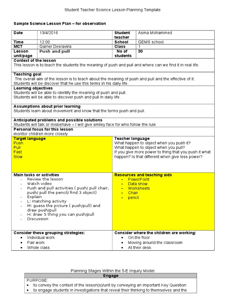 Push and Pull PDF Educational Assessment Lesson Plan
