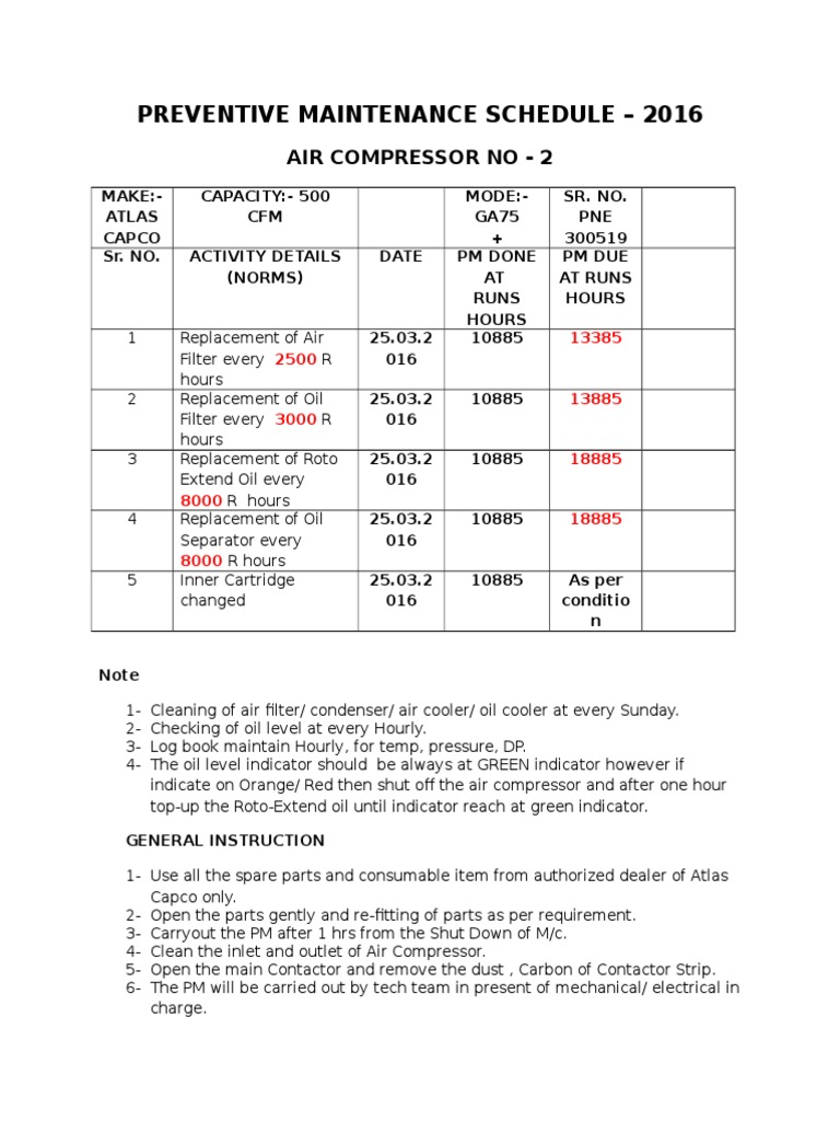 2016 Air Compressor Maintenance Schedule | PDF