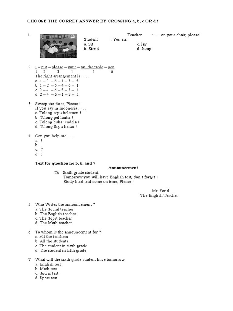 Contoh Soal Latihan Ujian Sekolah Bahasa Inggris Kelas 6 SD