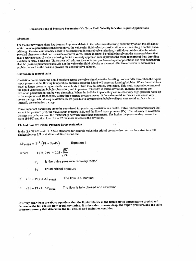 Control Valve Cavitation Prediction | PDF