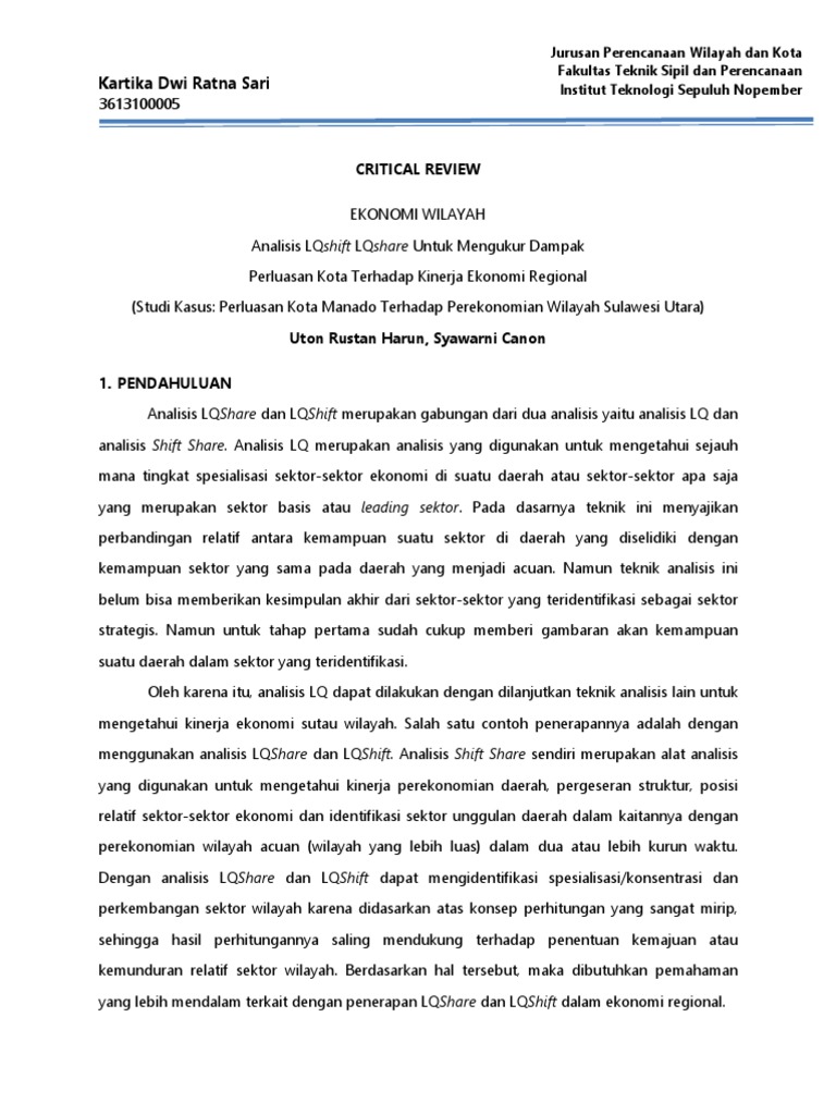 Critical Review Jurnal Ekonomi Wilayah Pdf