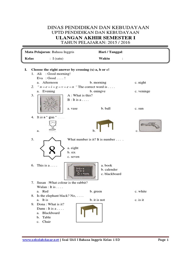  Soal  UAS Semester 1  Bahasa Inggris Kelas  1 