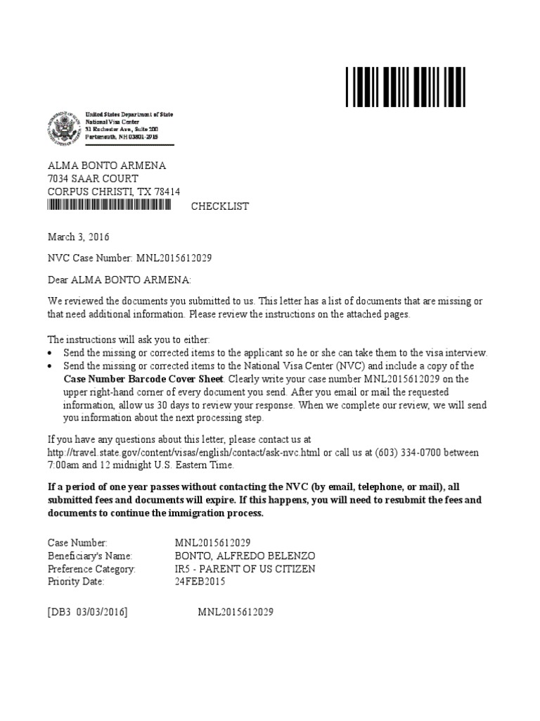 NVC Case Number Instructions and Checklist | PDF | Government | Immigration