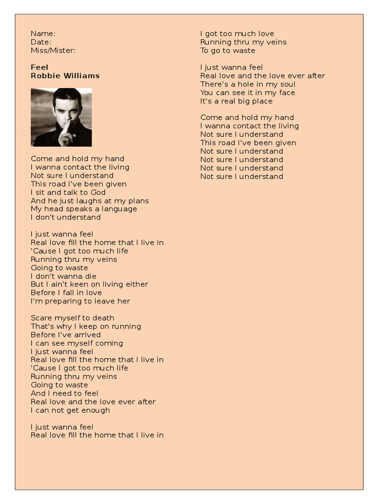 Song Worksheet Feel by Robbie Williams