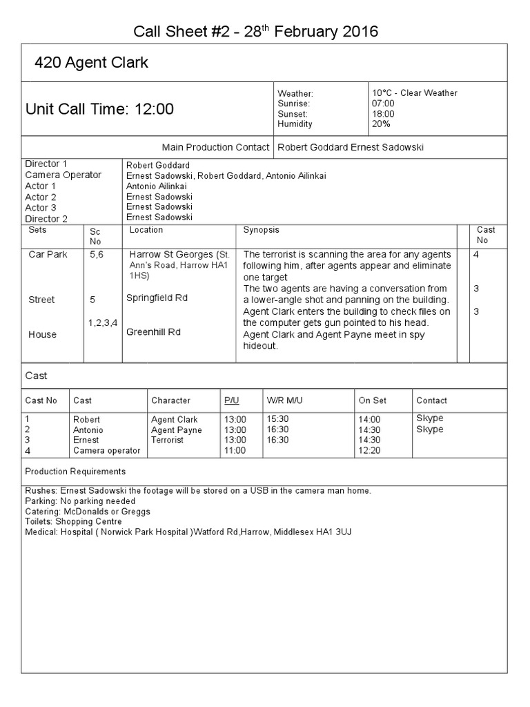 Call-Sheet Day Two | PDF | Travel | Art