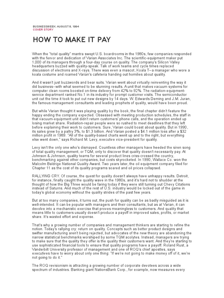 How To Make It Pay Cover Story PDF Employee Retention Quality