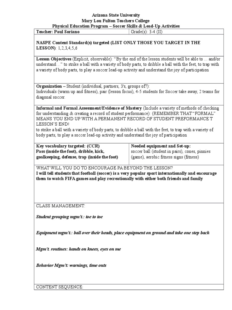 Lesson Plan Template Week 23 Soccer Skills II PDF Association