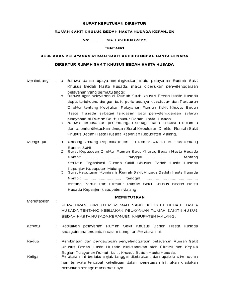 Surat Keputusan Direktur Tentang Pelayanan Rumah Sakit