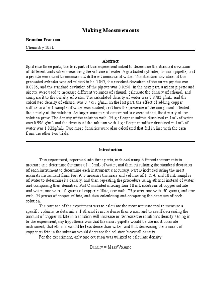 Chem Lab #1 | PDF | Density | Standard Deviation