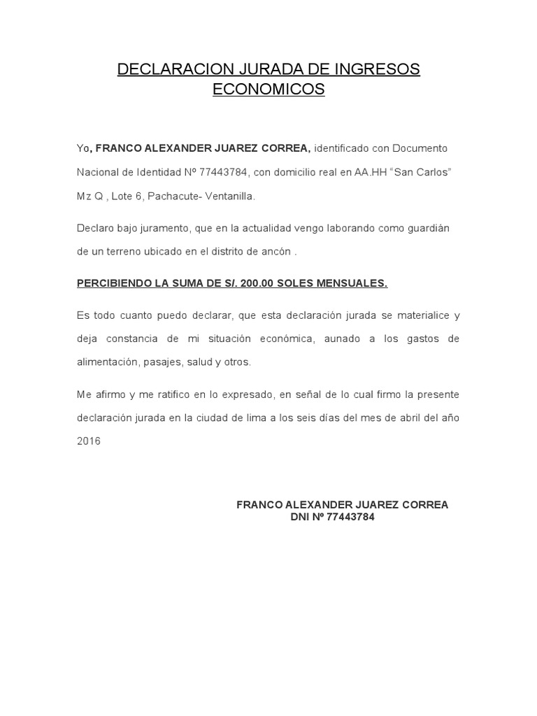 Declaracion Jurada de Ingresos Economicos | PDF