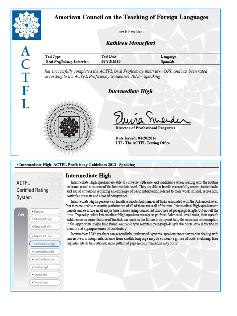 ACTFL OPI Certification: Spanish Intermediate High | PDF