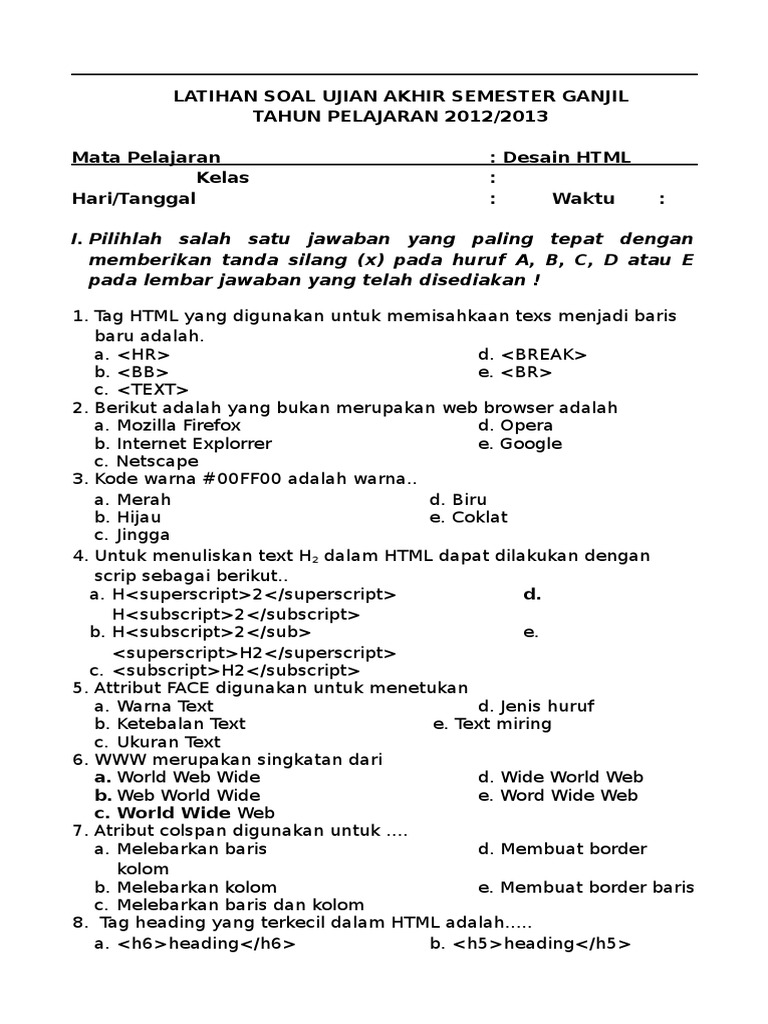 Soal Latihan Ujian Desain HTML | PDF