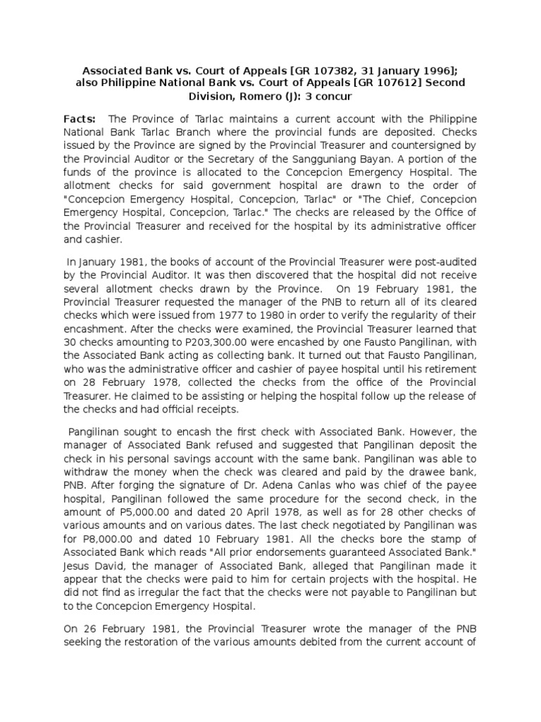 Associated Bank Vs CA 1996 PDF Cheque Government