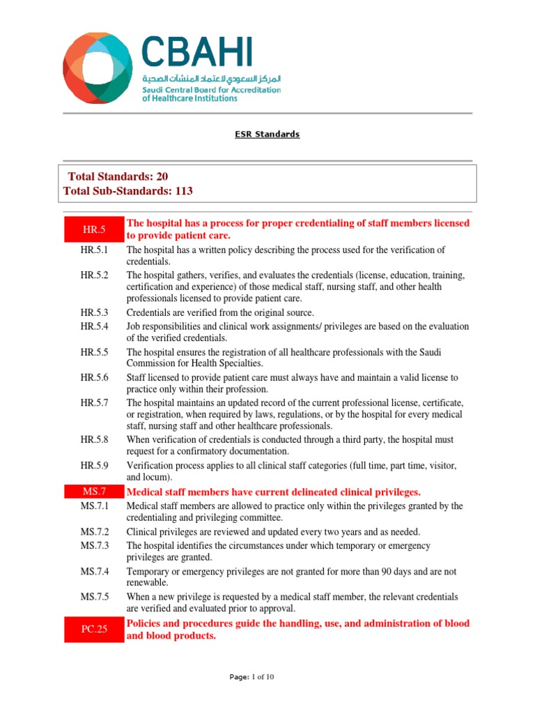Cbahi Esr Standards | PDF | Infection Control | Medical Error