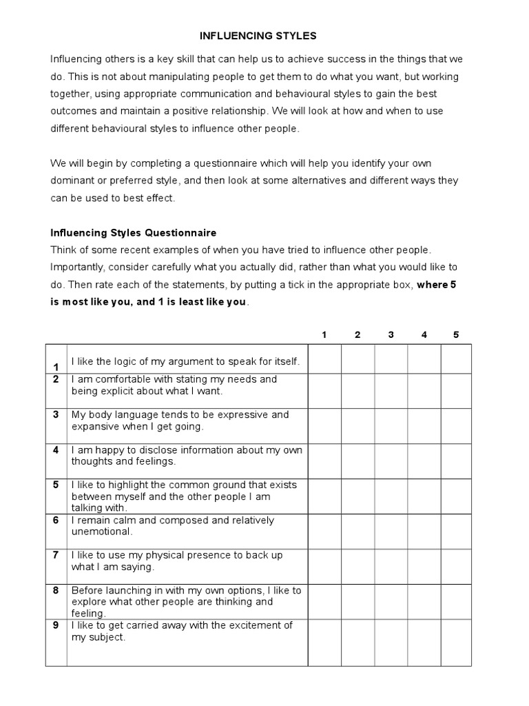 Training Influencing Styles Questionnaire PDF Body Language Feeling