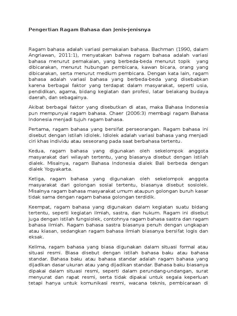 Pengertian Ragam Bahasa Dan Jenis Jenisnya