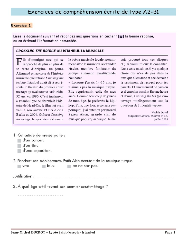 Exercices De Comprehension Ecrite A2b1