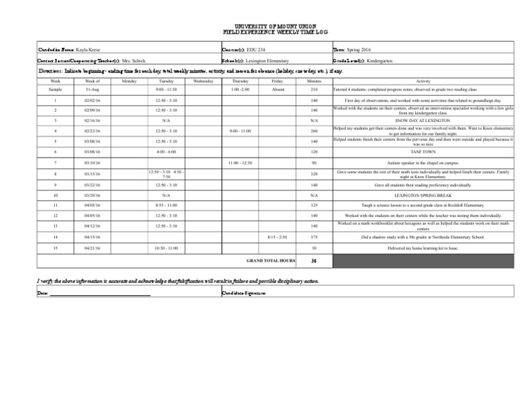 Field Experience Log | PDF