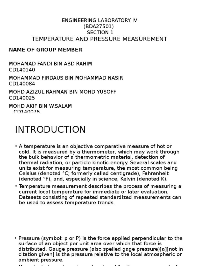 Temperature and Pressure Measurement Lab | PDF