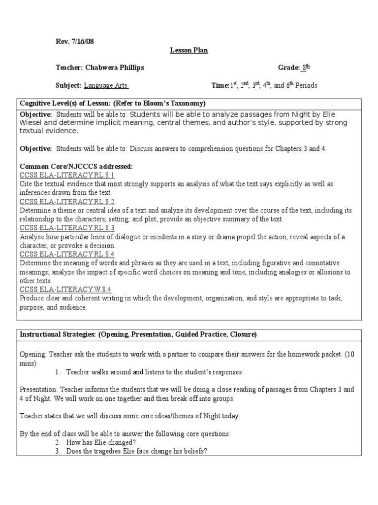 Lesson Plan-Chapter 224 24-Close Reading  PDF  Reading For Night Elie Wiesel Worksheet Answers