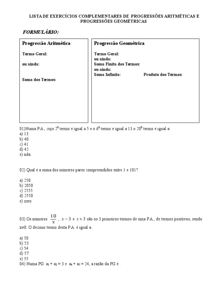 Lista de Exercícios sobre PA e PG | PDF | Triângulo | Sequência