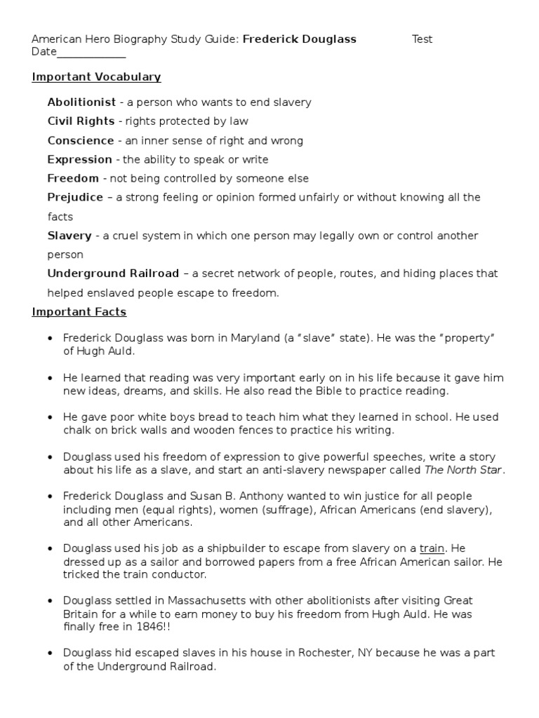 Frederick Douglass Study Guide 1 Frederick Douglass Abolitionism In The United States