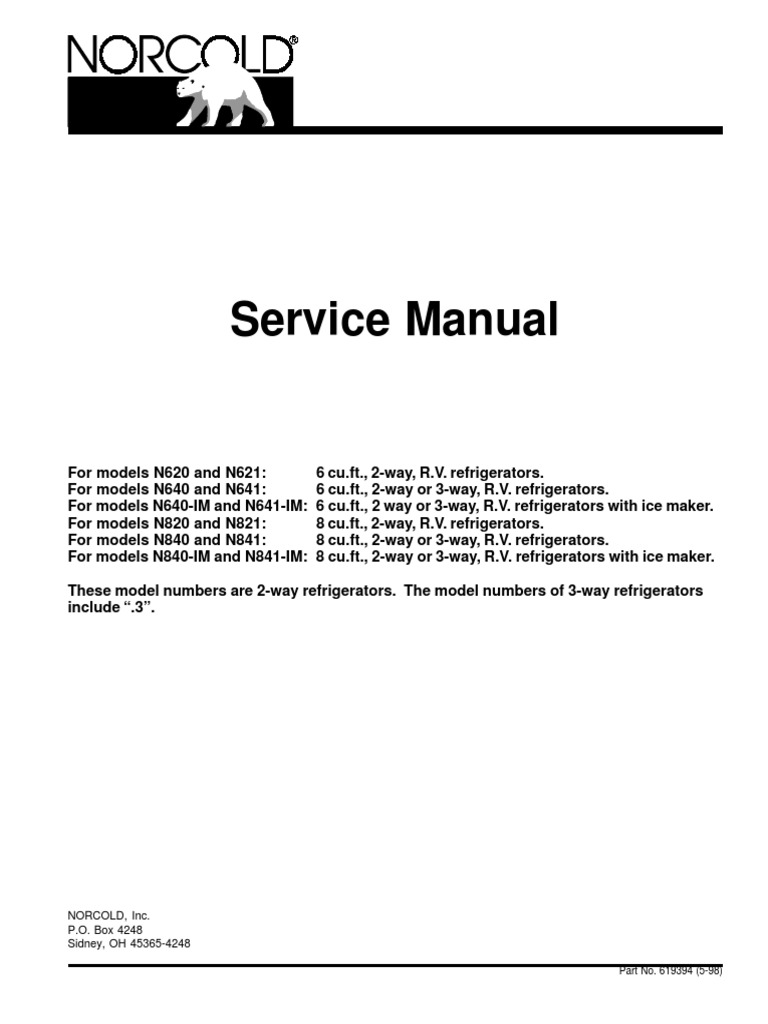 Service Manual for Norcold RV Refrigerator Models N620, N621, N640, N641, N640IM, N641IM, N820