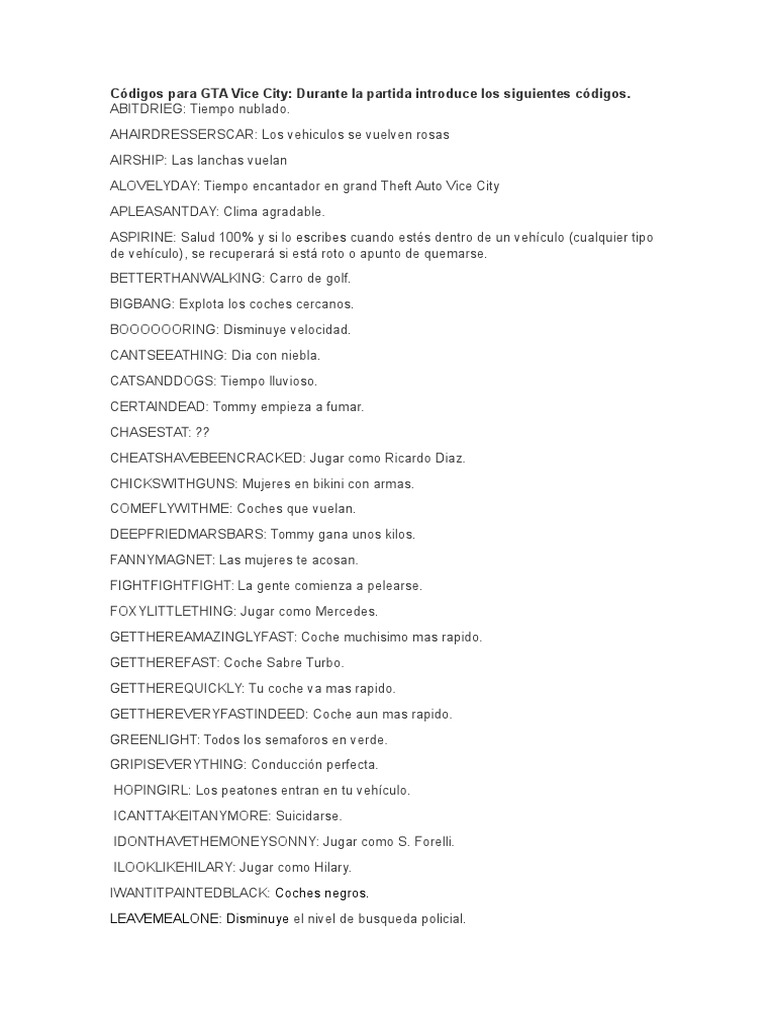 Códigos para GTA Vice City | PDF