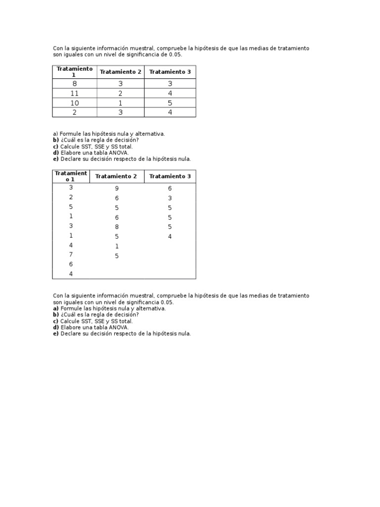 Ejercicios y Tabla ANOVA en Estadística | PDF | Análisis de variación ...