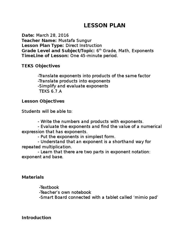 Instructional Assignment-5-Lesson Plan | PDF | Exponentiation ...