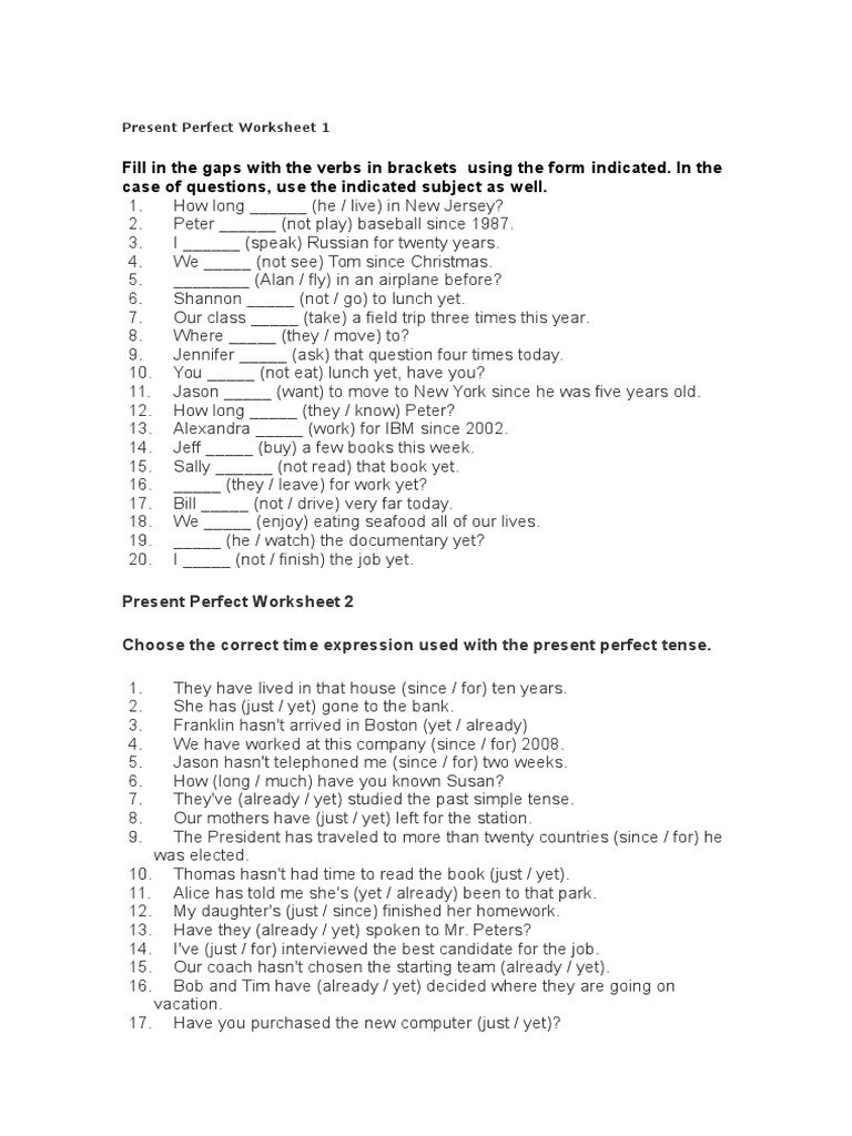 Present Perfect Tense Worksheets | PDF | Perfect (Grammar)