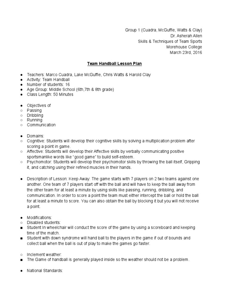 Lesson Plan Team Handball PDF Sports Cognition