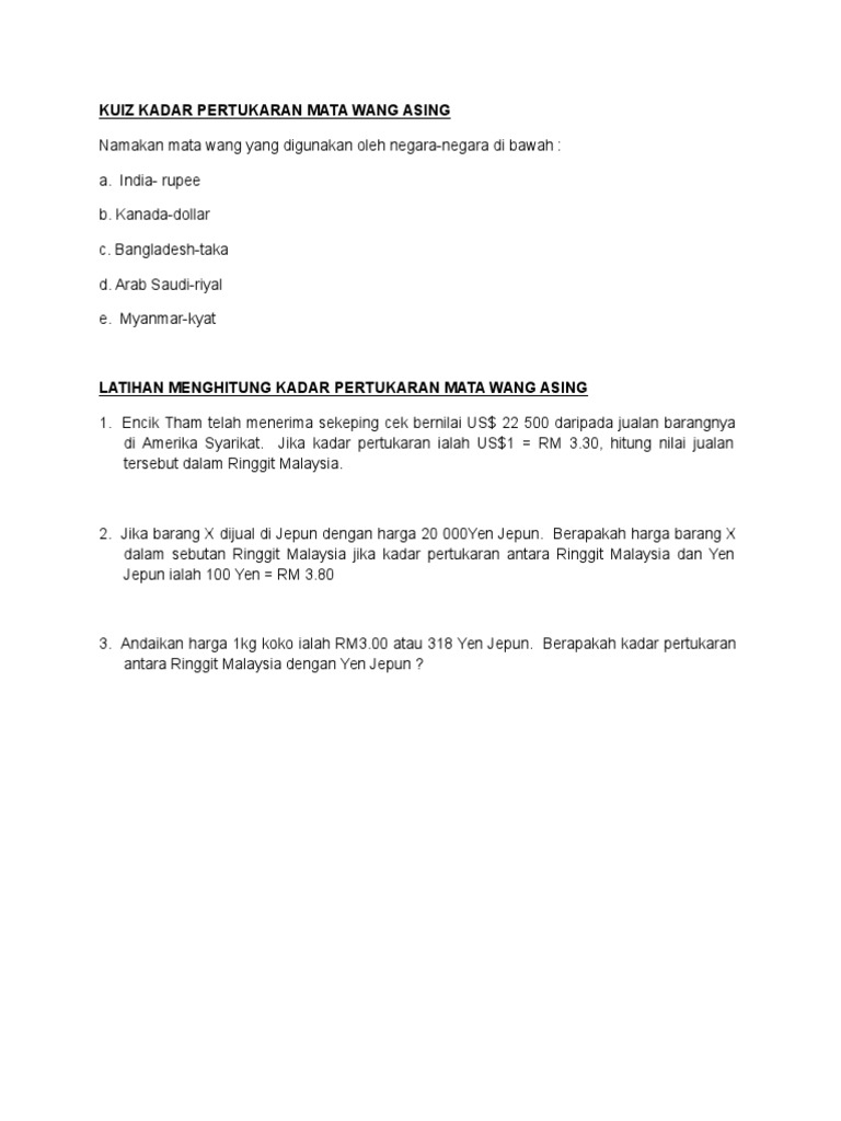 kadar pertukaran mata wang