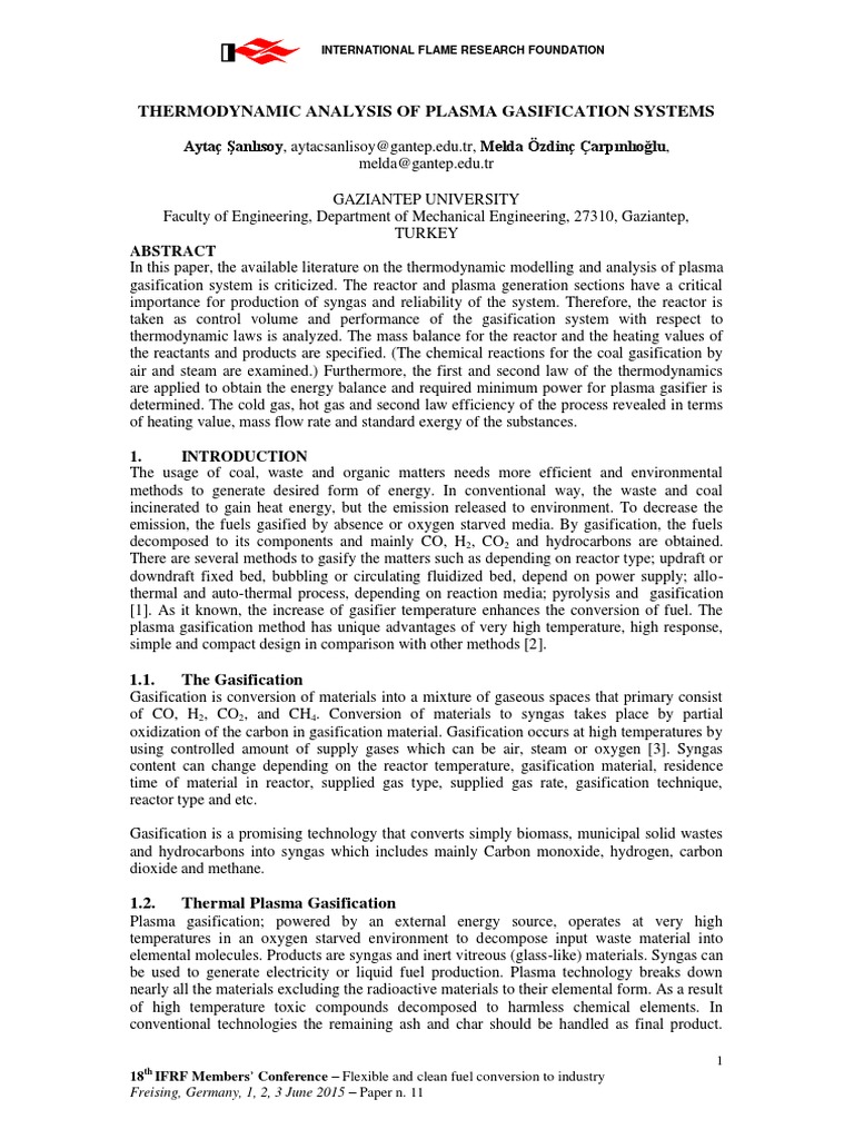 Plasma Gasifier Thermodynamic Analysis | PDF | Gasification | Exergy