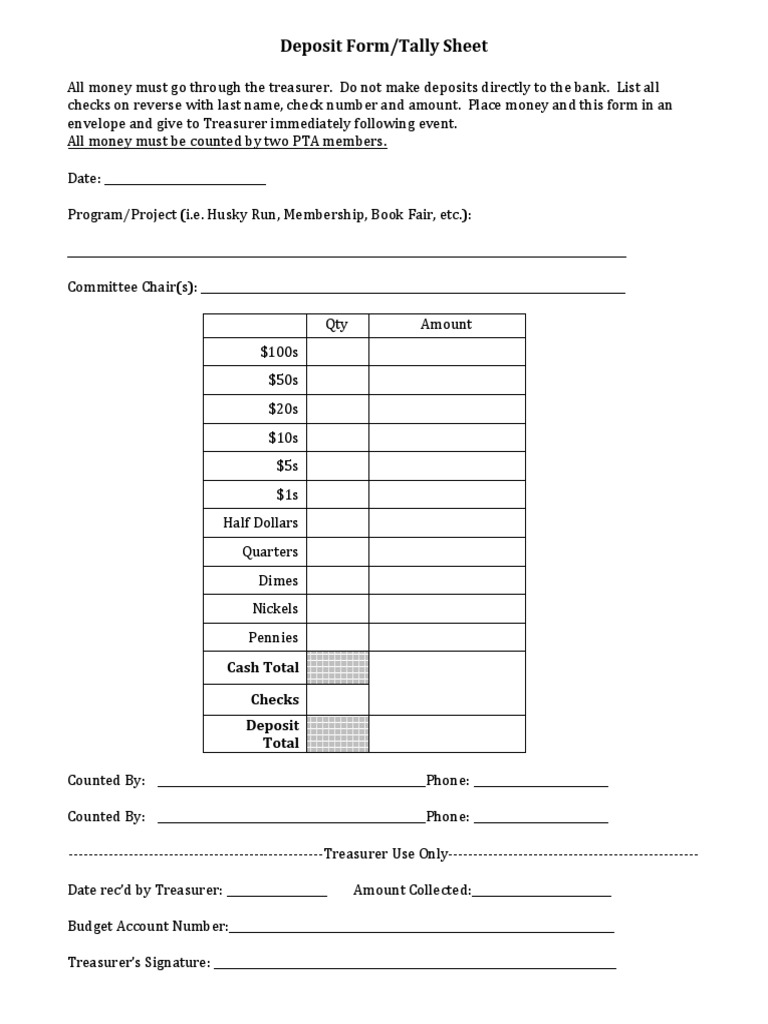 PTA Deposit and Tally Form | PDF