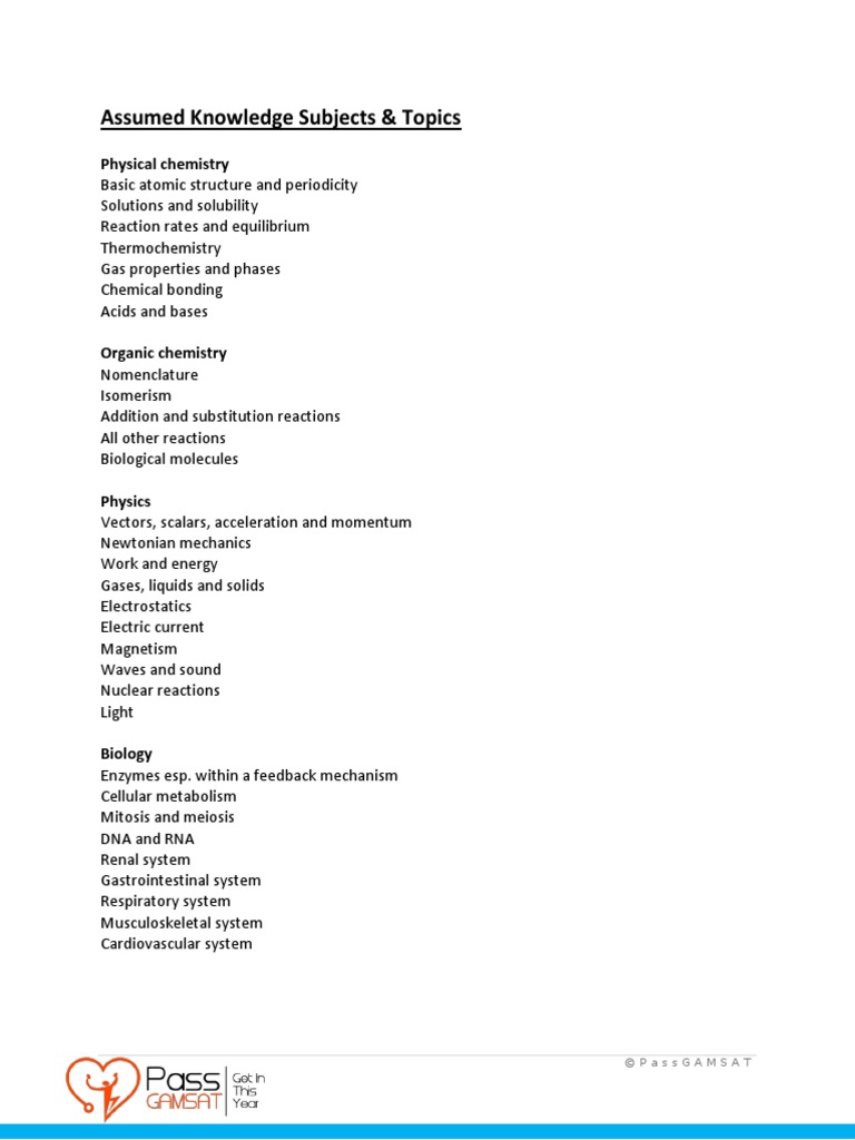 GAMSAT Assumed Knowledge Topics | PDF | Wellness | Science & Mathematics