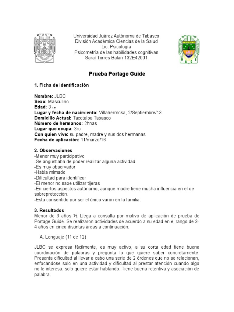 Resultados de Prueba Portage en Niño | PDF | Adultos | Sicología