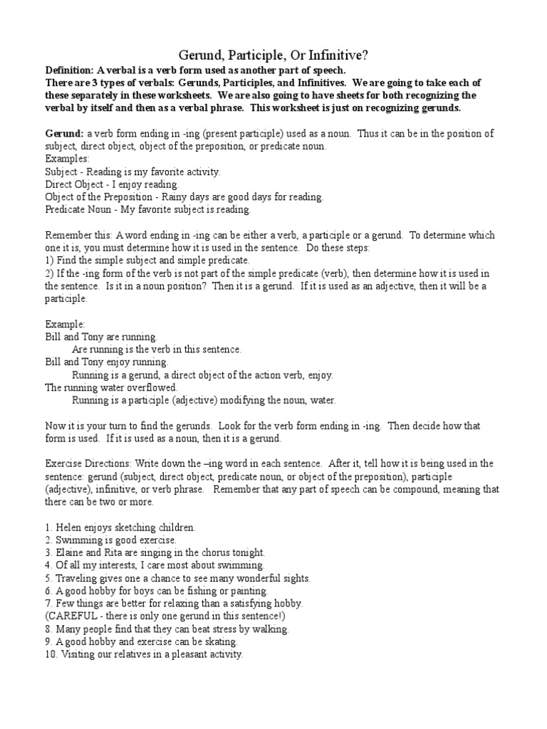 Worksheets Participle Worksheets worksheet verbals mytourvn study site gerund participle infinitive verb adjective