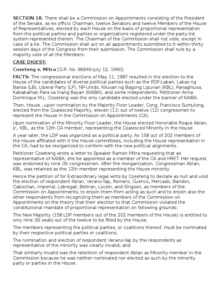 SECTION 18. There Shall Be A Commission On Appointments Consisting of ...