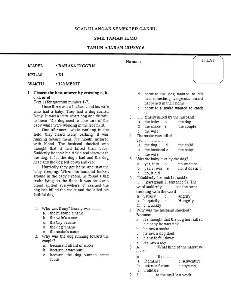  Soal  UAS Bahasa  Inggris  Kelas  XI  Semester  1 Ellipsis