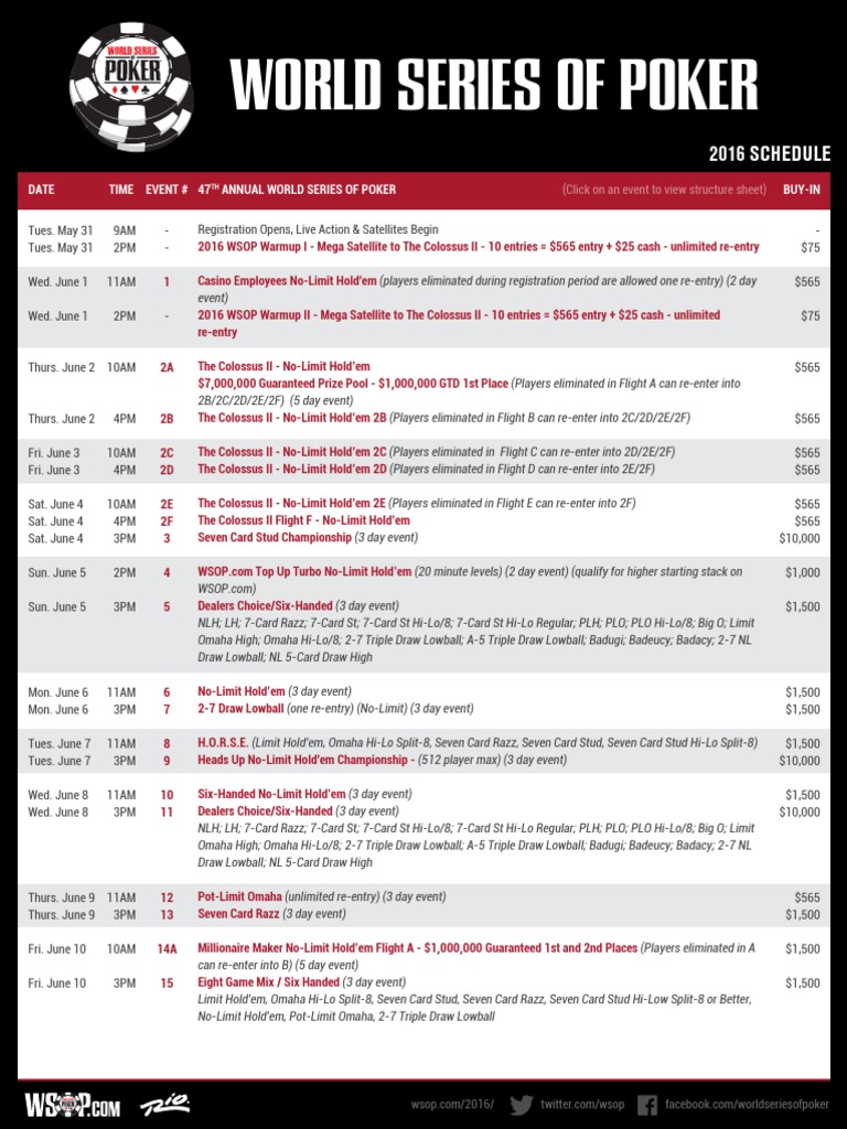 2016 WSOP Schedule PDF Betting In Poker Gambling Games
