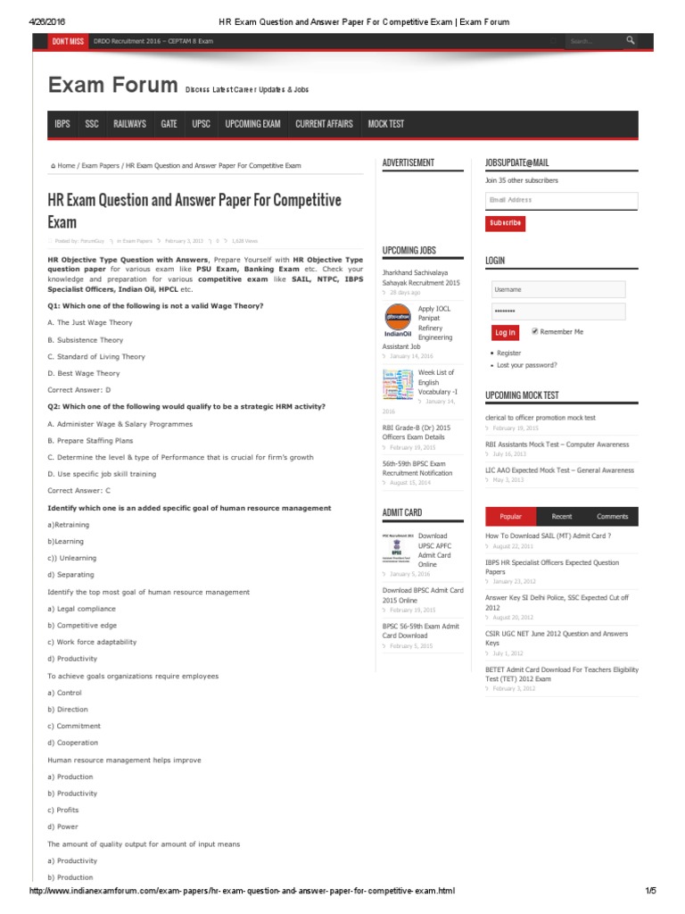 HR Exam Question and Answer Paper For Competitive Exam Exam Forum