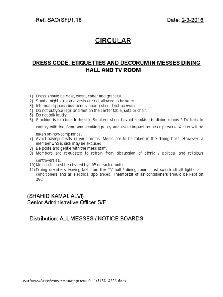 Dining Hall Dress Code Guidelines | PDF