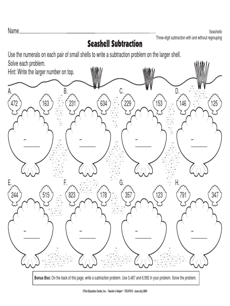 Seashell Subtraction Seashells Three Digit Subtraction With And Without Regrouping Teaching Mathematics