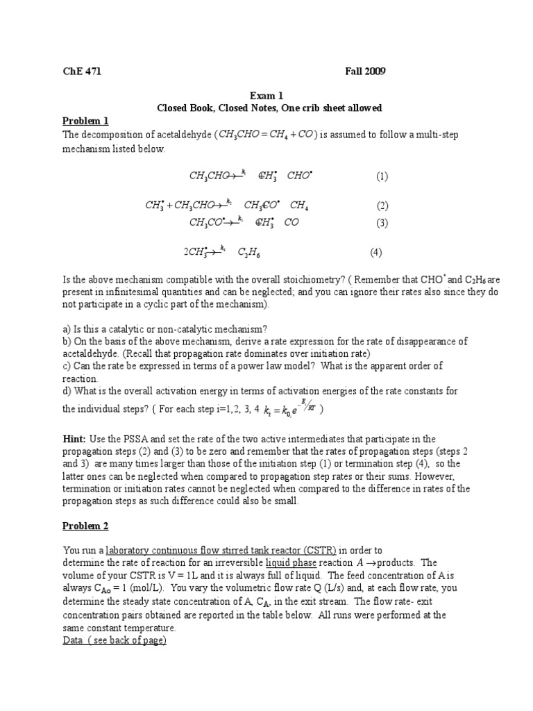 ChE 471 Fall 2009 Exam 1 Problems | PDF | Chemical Reactor | Chemical ...