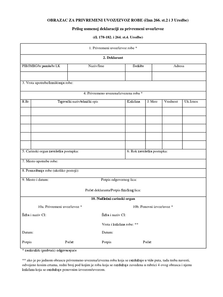 Obrazac Za Privremeni Uvoz Izvoz Robe Lat | PDF